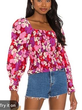 Free People Ariana Printed Smocked Puff-Sleeve Floral Top